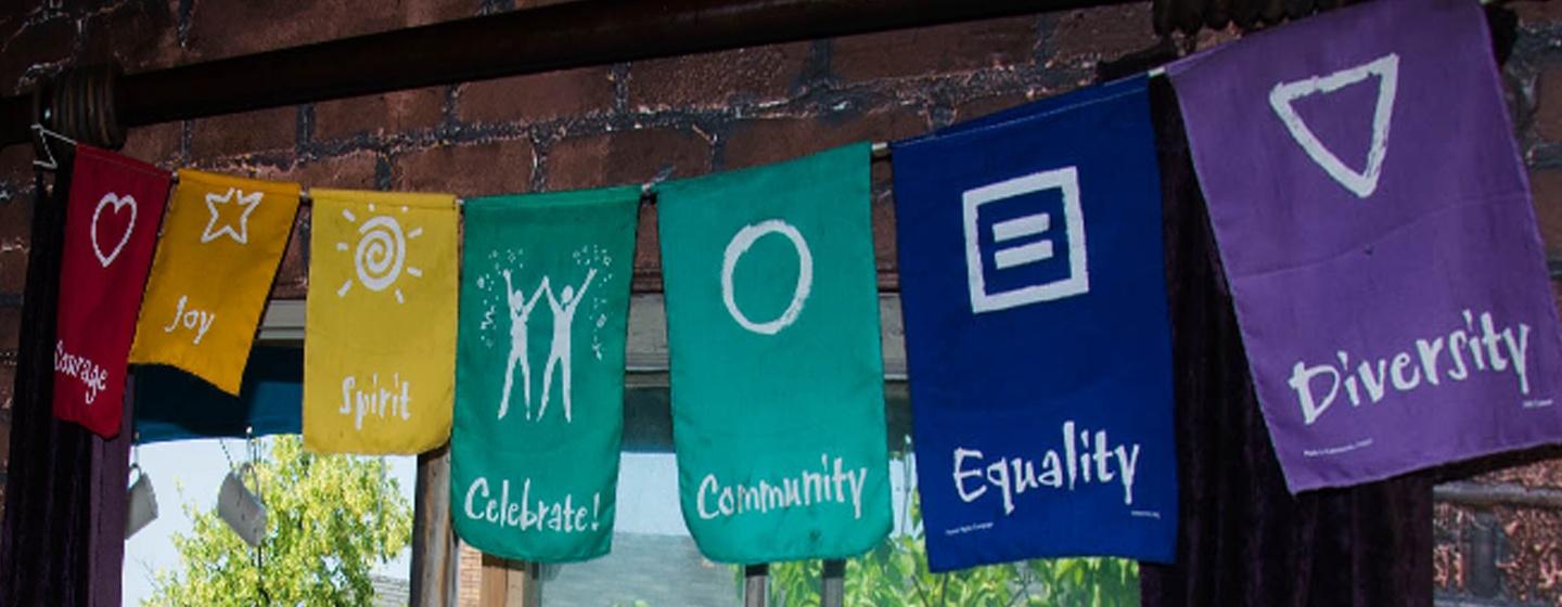 Banner _ Courage, Joy, Spirit, Celebrate, Community, Equality, Diversity