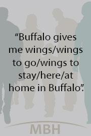 "Buffalo gives me wings/wings to go/wings to stay/here/at home in Buffalo."