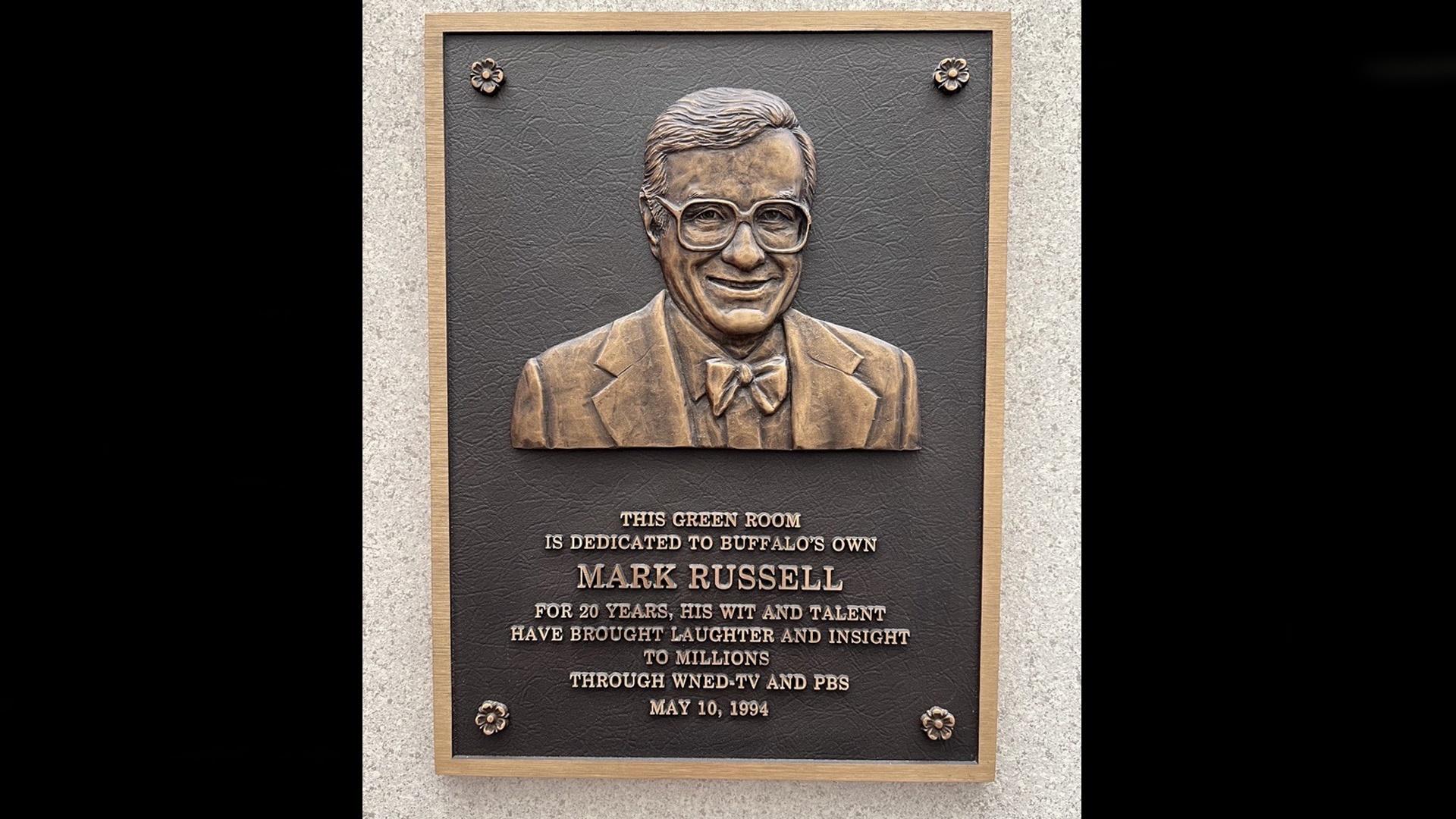 plaque dedicating the green room at Buffalo Toronto Public Media to Mark Russell