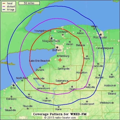Coverage map for WNED-FM