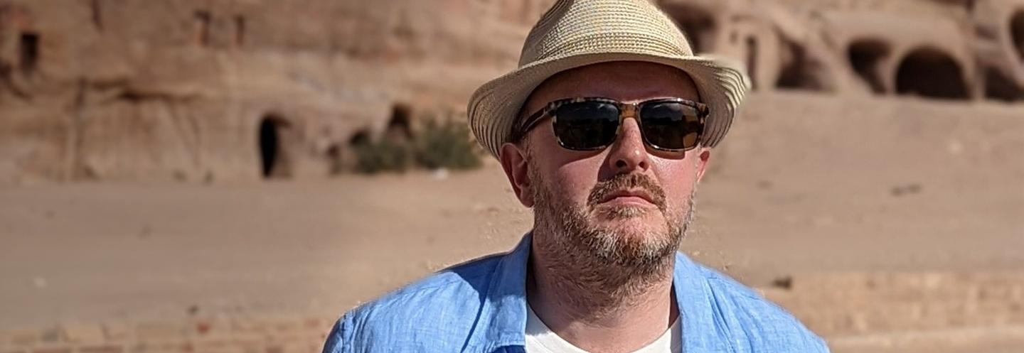 Bling comedian Chris McCausland at the ancient city of Petra