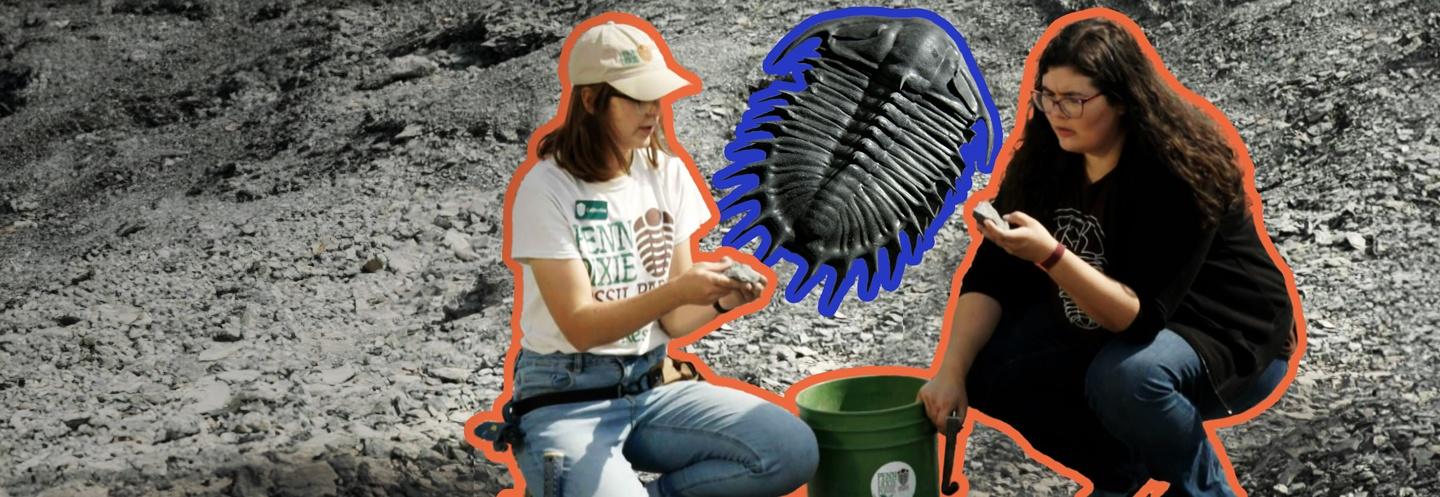 Host Sarajane and a Penn Dixie Fossil Park employee examine fossils