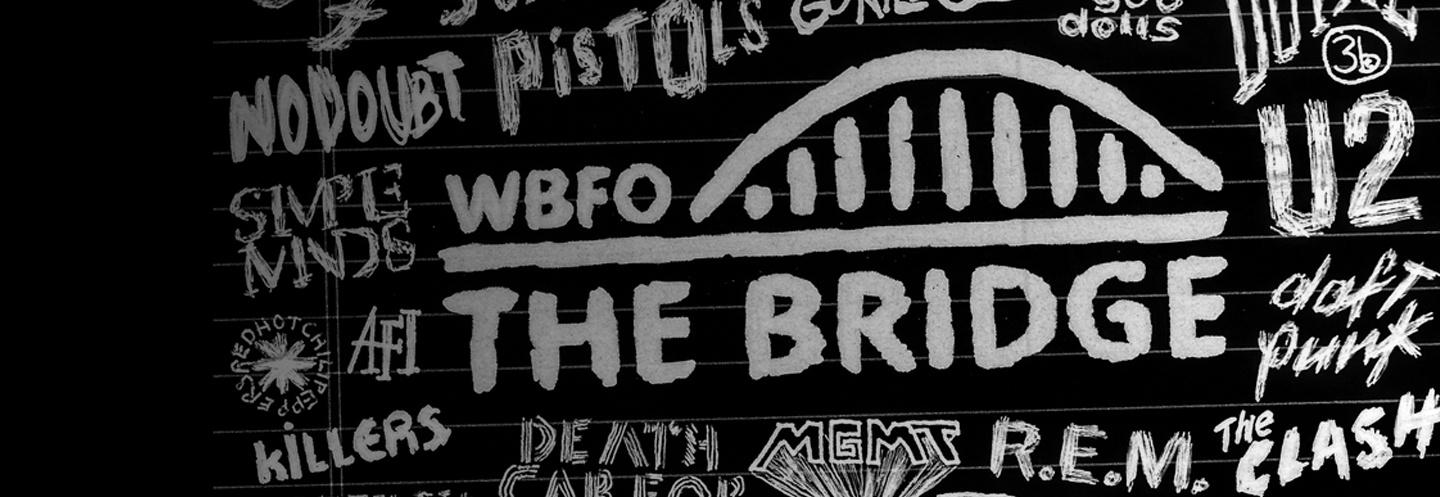 "The Bridge" hand drawn logo, with hand drawn names of various bands surorunding it