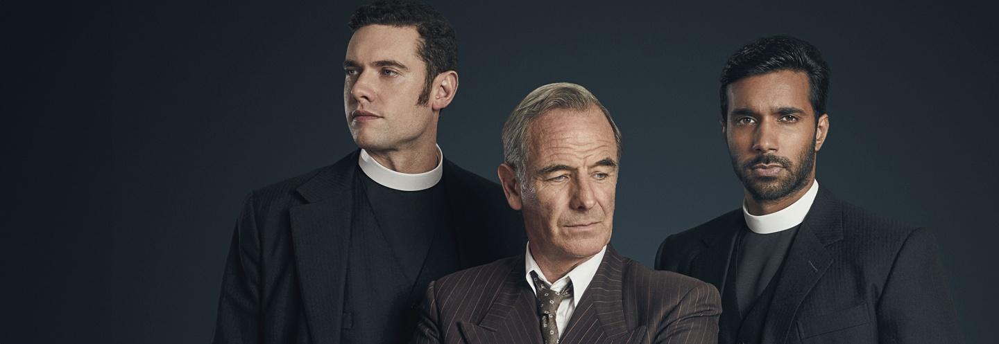 Cast of Grantchester with serious expressions, all looking in different directions