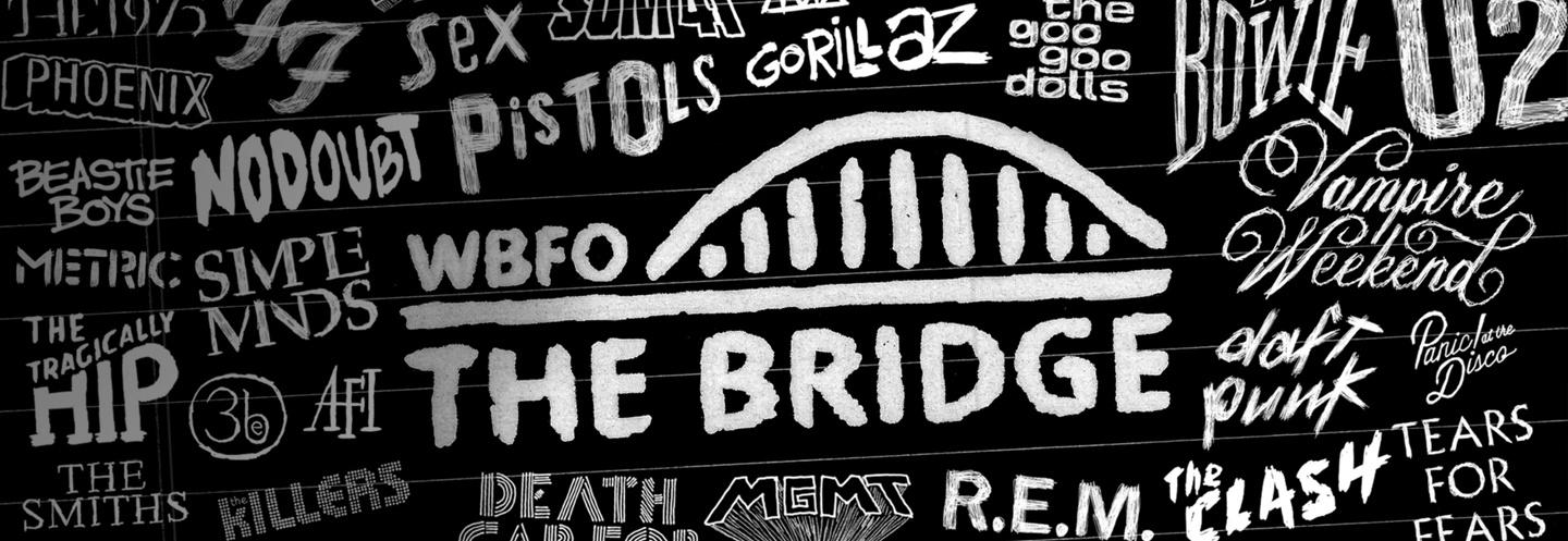 Hand drawn WBFO The Bridge logo in white with a black background and white hand drawn band logos surrounding