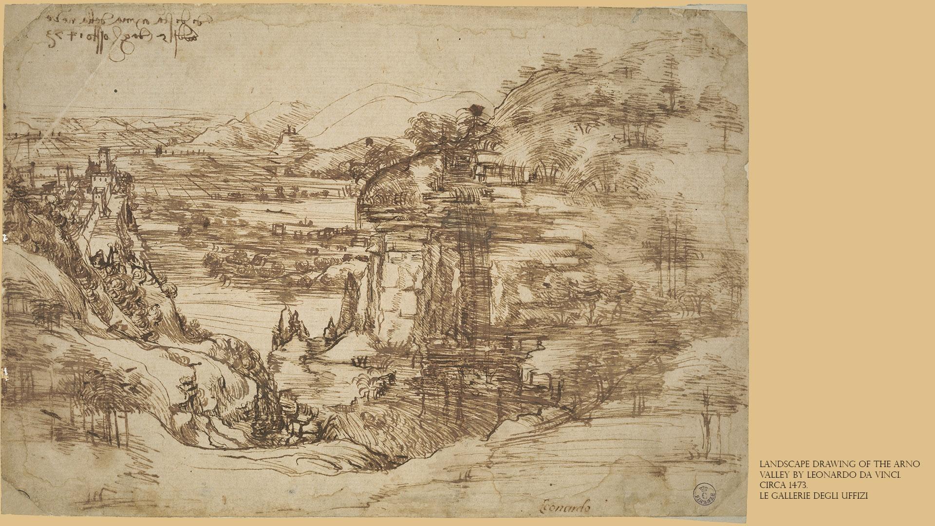 Landscape drawing of the Arno Valley by Leonardo da Vinci, circa 1473.