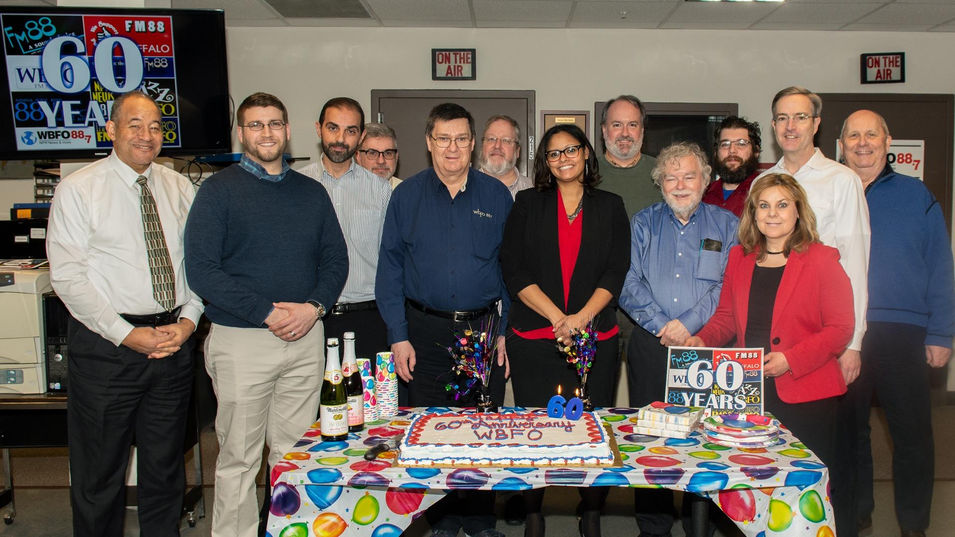 The WBFO staff gathers to celebrate 60 years of broadcast excellence.