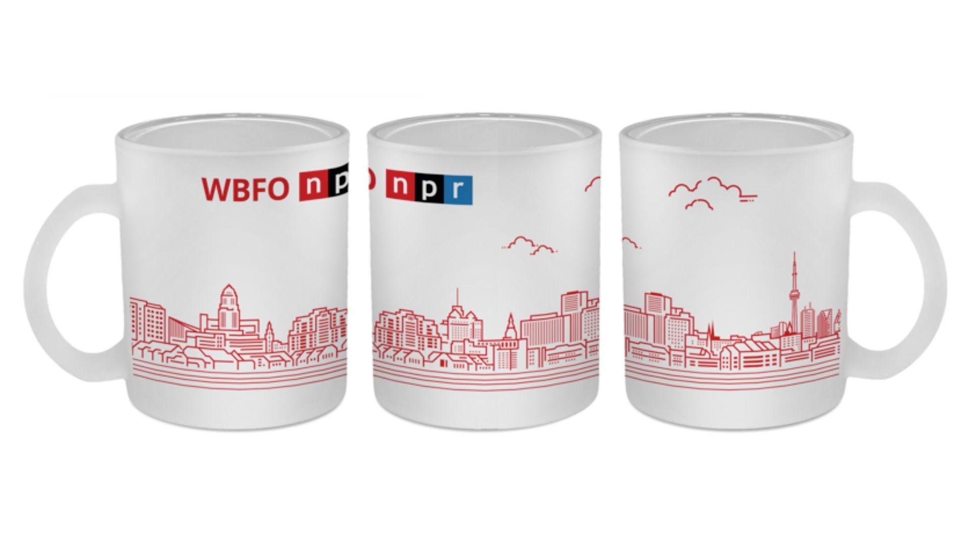 Frosted mug with the WBFO NPR logo and a red outline of a skyline combining Buffalo and Toronto