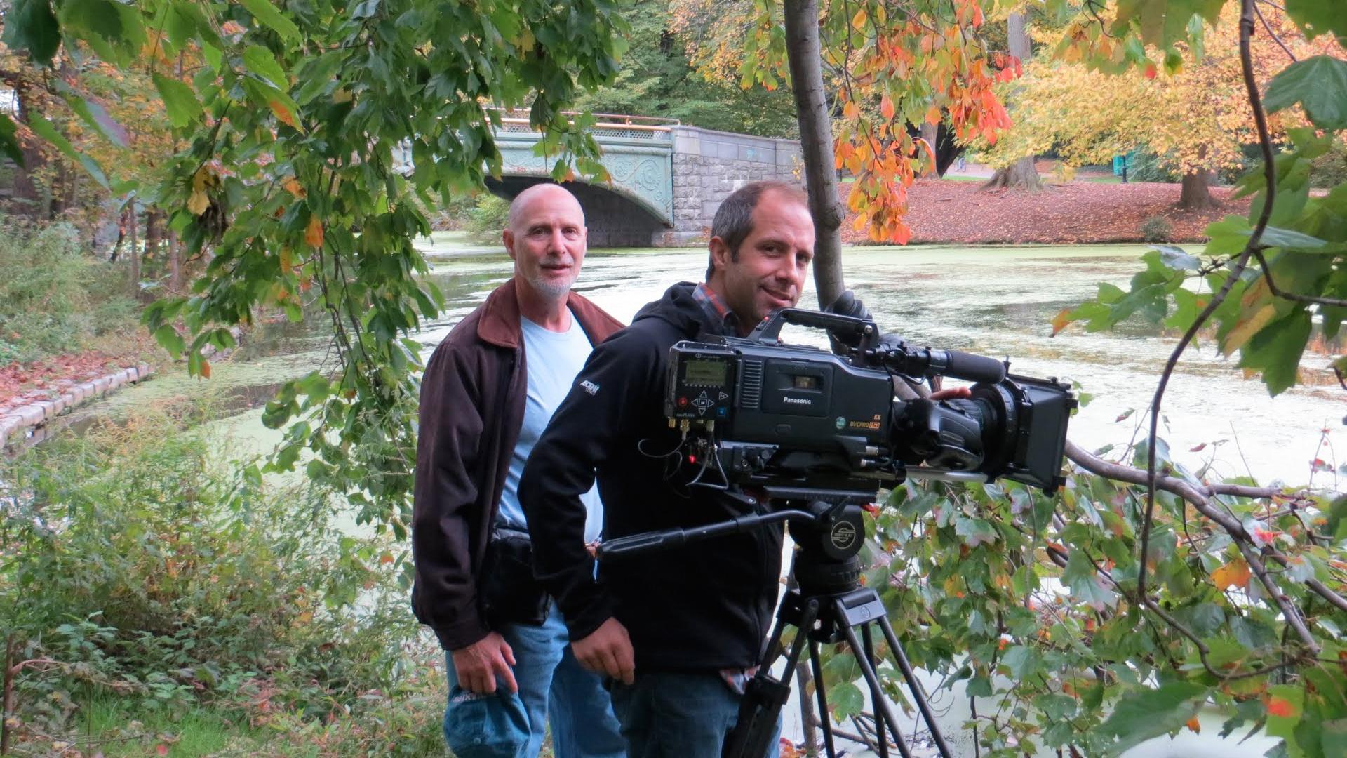 Director Larry Hott and cinematographer Jason Longo on location at Prospect Park