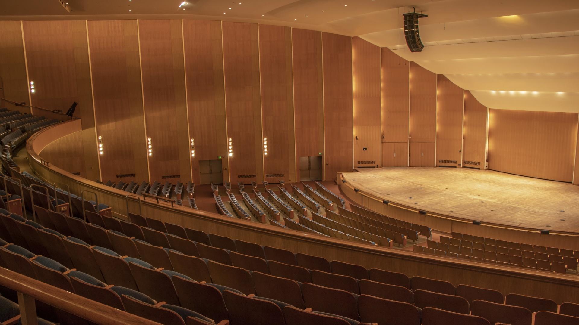 view of the main stage from the balcony of Kleinhans Music Hall