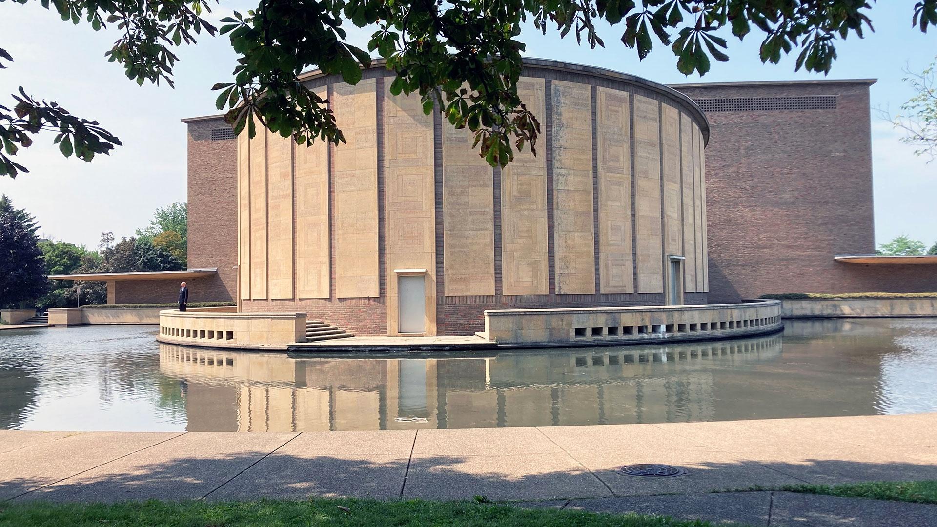 exterior of Kleinhans Music Hall and reflecting pool