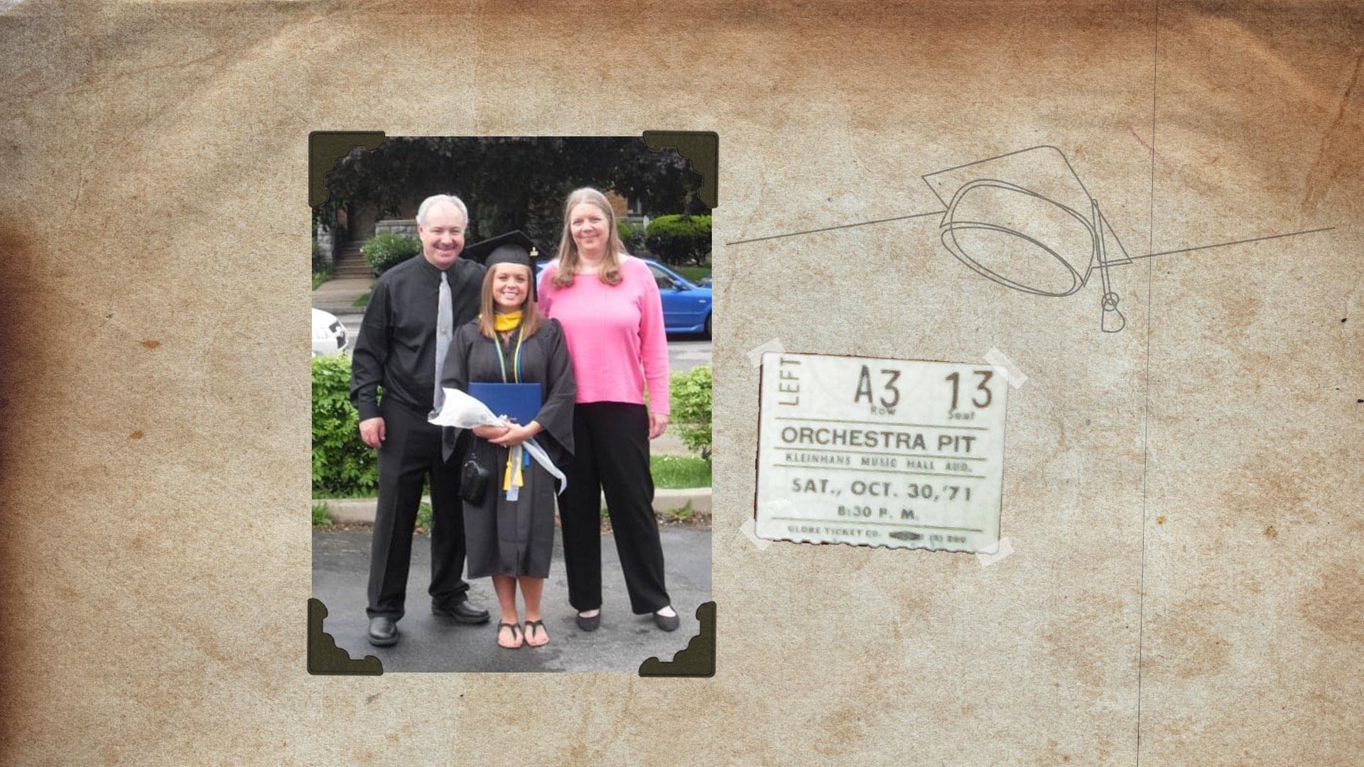 photo of a family from a Daemen college graduation and ticket stub from  Cat Stevens at Kleinhans Music Hall