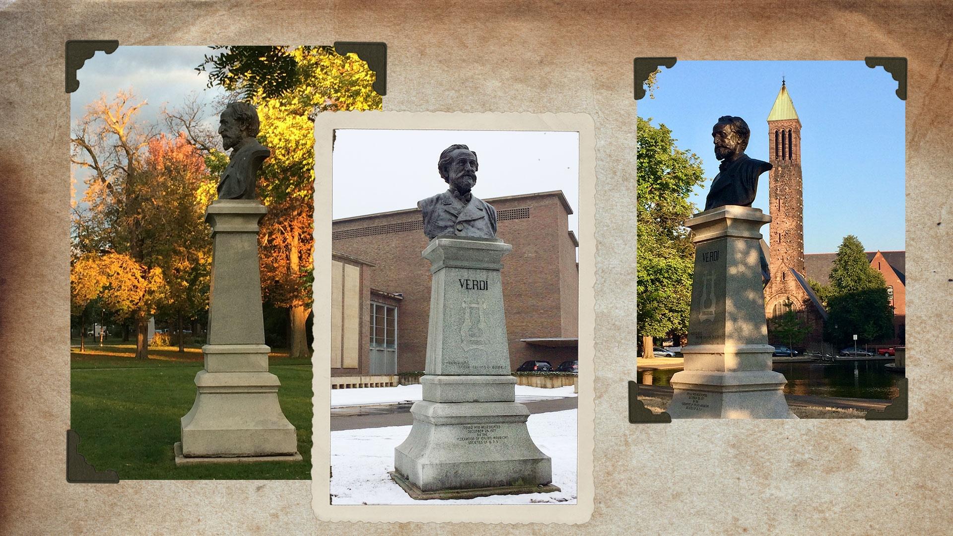 photos of the Verdi statue outside of Kleinhans Music Hall