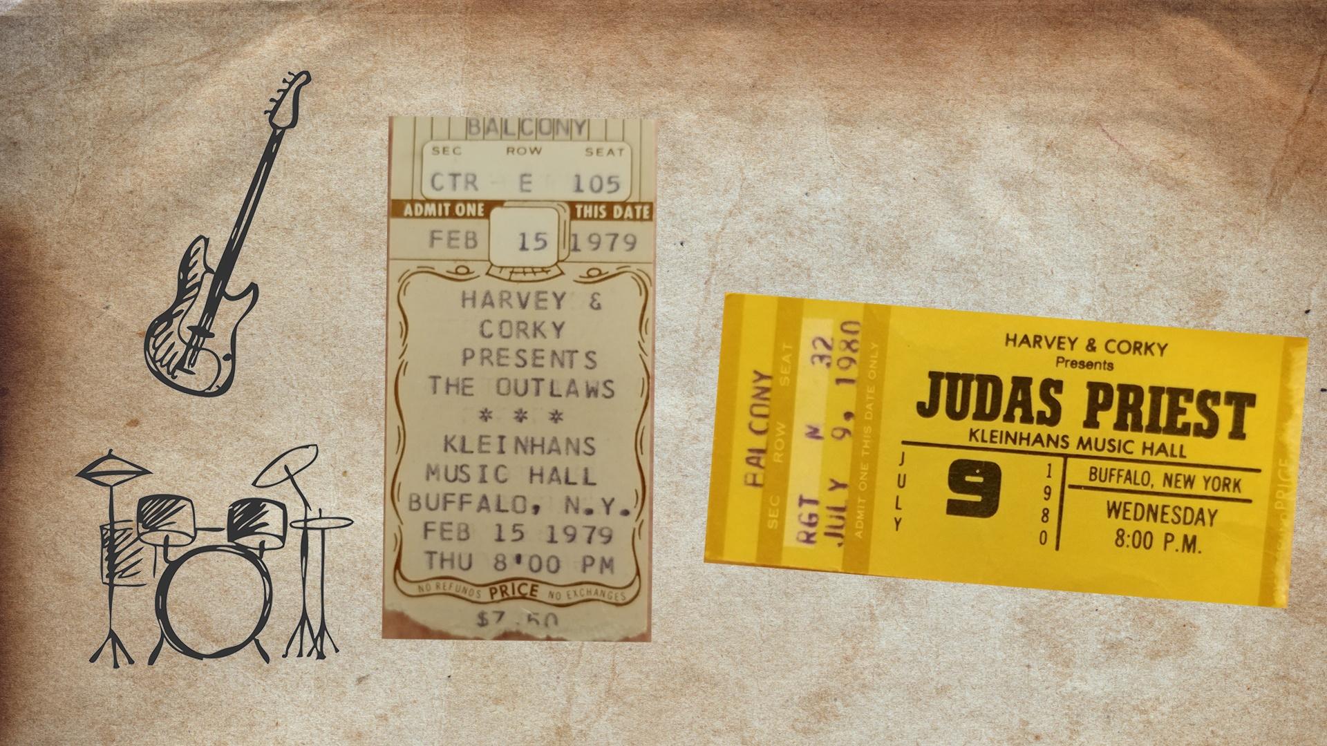 ticket stubs from The Outlaws and Judas Priests at Kleinhans Music Hall in 1980 and 1979.