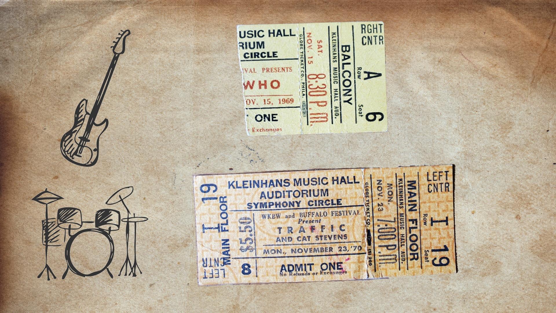 Ticket stubs from The Who and Cat Stevens at Kleinhans Music Hall