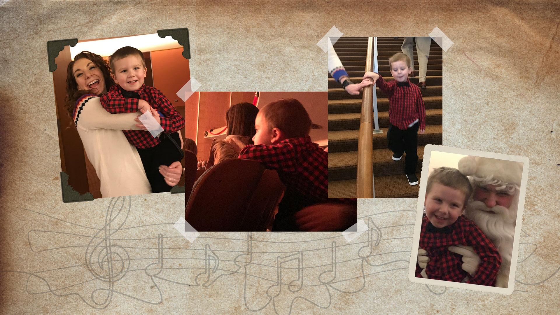 photos of a young boy and his family attending the Holiday Pops concert at Kleinhans Music Hall