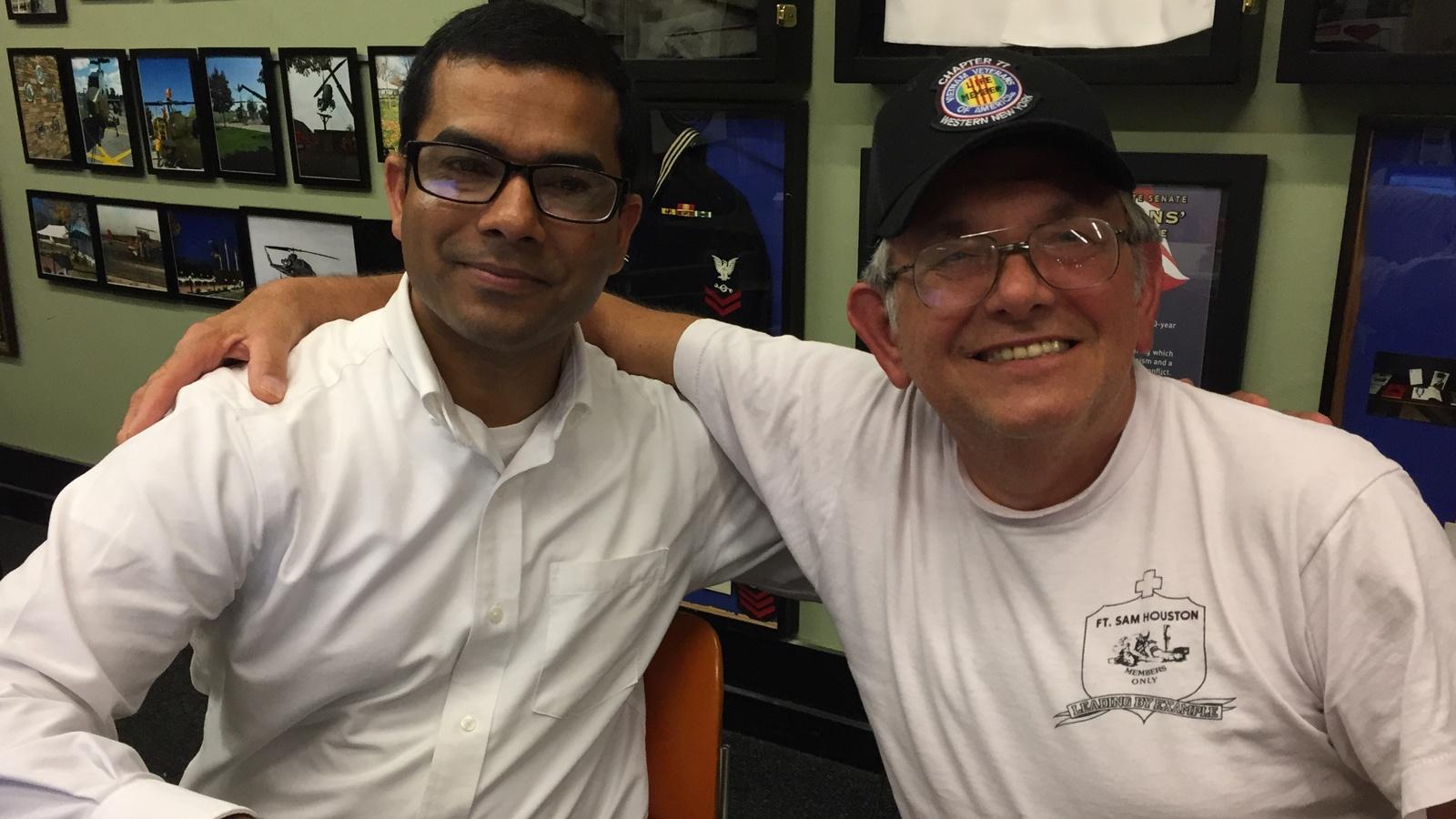 Thomas Chacko and Vietnam Veteran Joe Pasek pause for a photo op at the local VVA chapter headquarters.