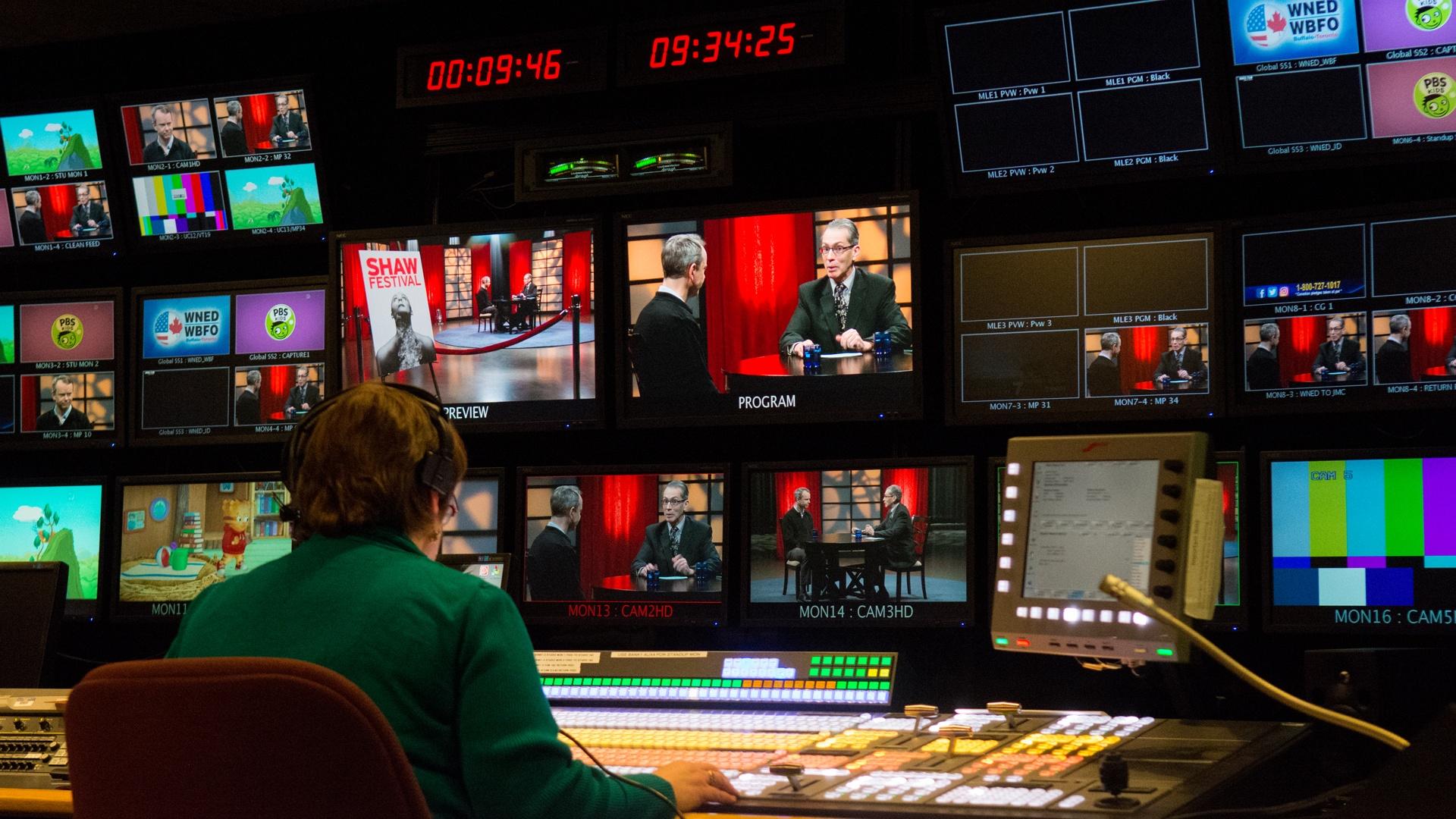 Director Lynne Bader in vidoe control room