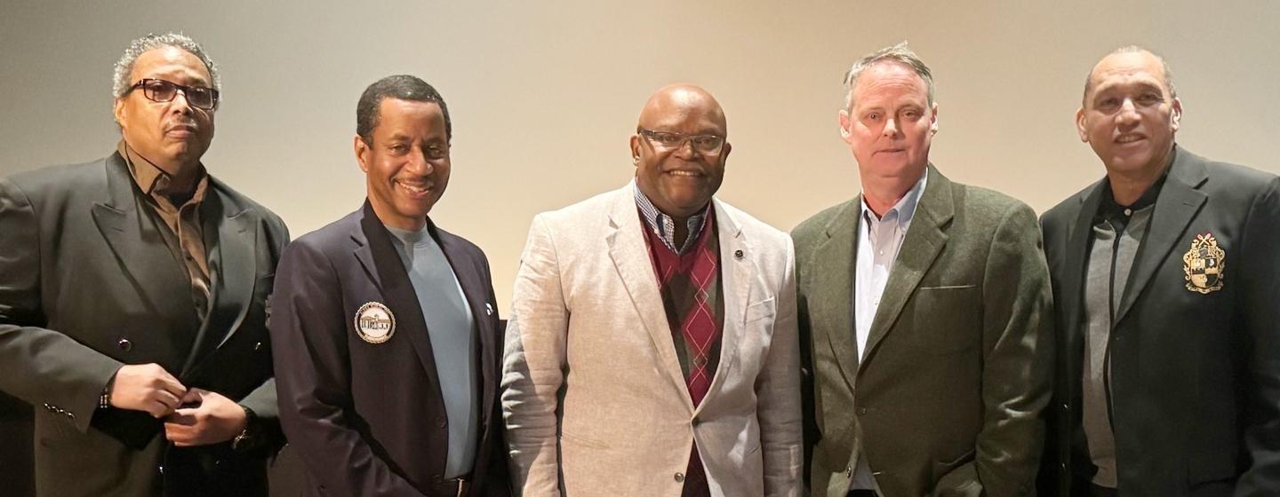 Drew Perkins (second from right), producer of AN ANSWER FROM AKRON, and Alpha Phi Alpha alumni participated in the panel discussion.