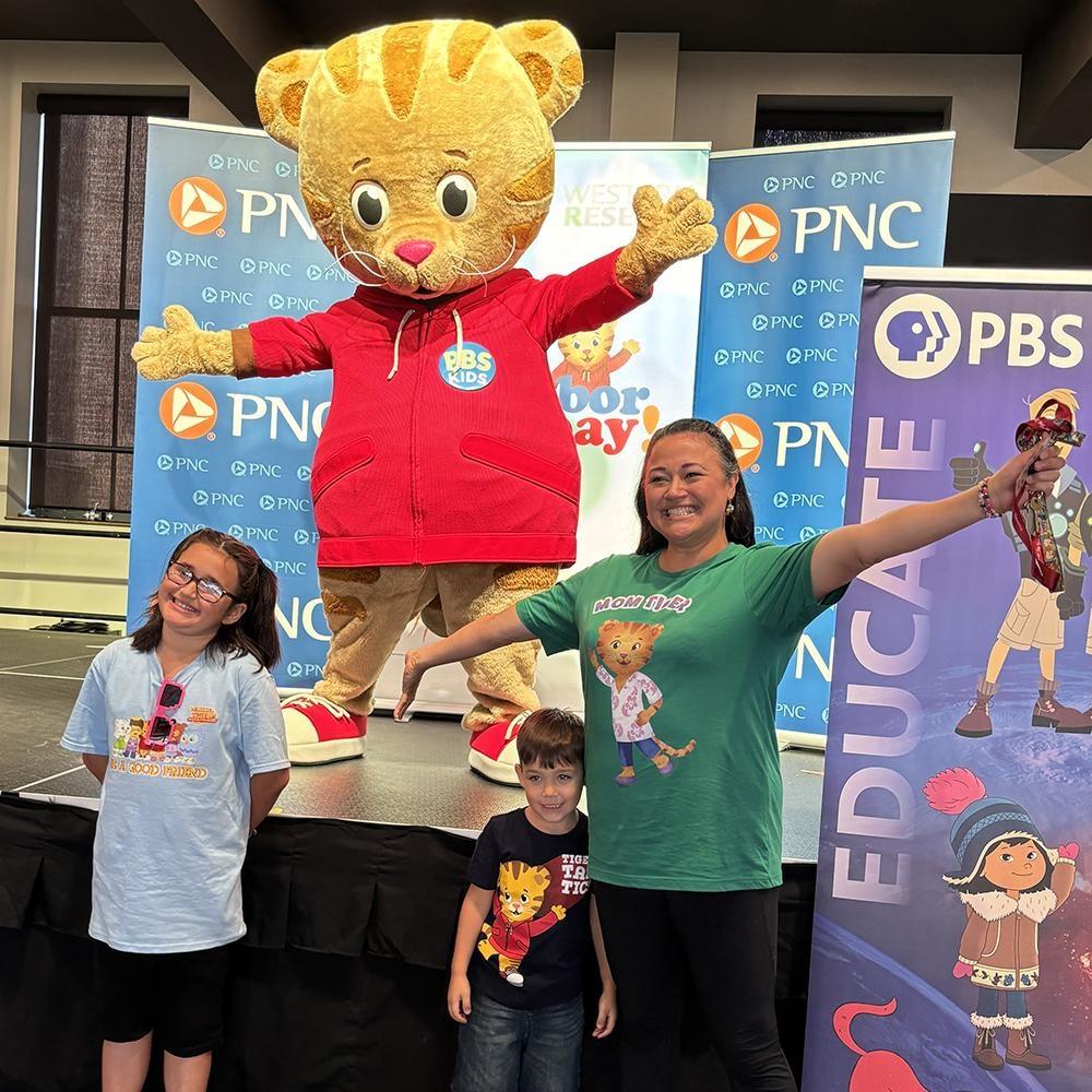 Daniel Tiger with guests of the July 2024 Be My Neighbor Day, held at the Akron Civic Theatre.