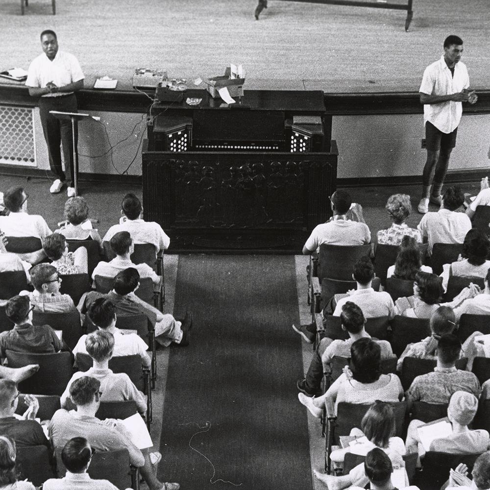 Singing during orientation, June 1964. M351 Herbert Randall Freedom Summer Photographs, Historical Manuscripts, The University of Southern Mississippi.