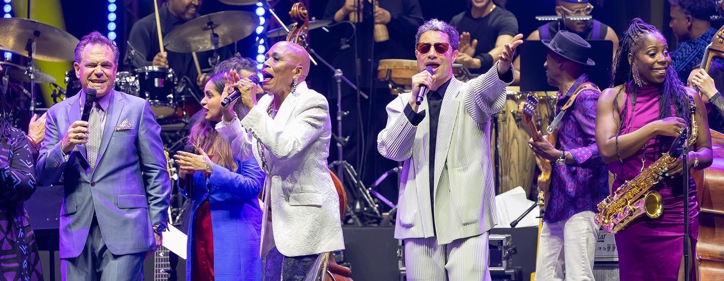 Kurt Elling, Varijashree Venugopal, Dee Dee Bridgewater, José James, and Tia Fuller perform “Imagine” to close International Jazz Day in Abu Dhabi, U.A.E.