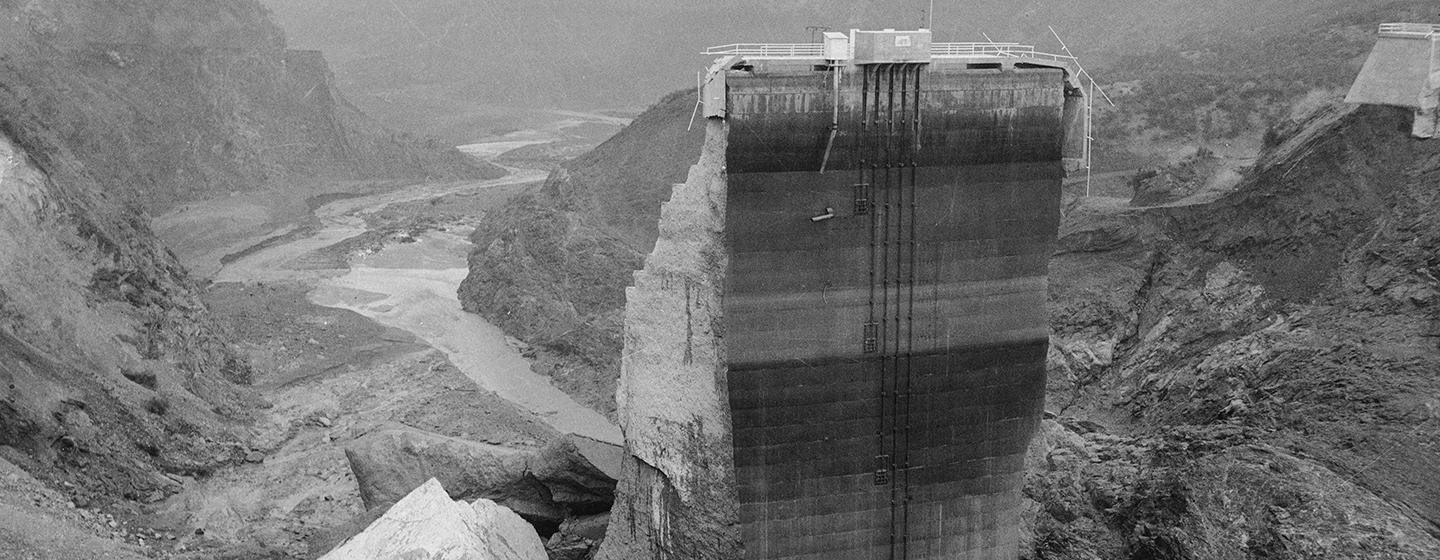 View of the remaining center portion of the St. Francis Dam, visible after its disastrous collapse. 1928.