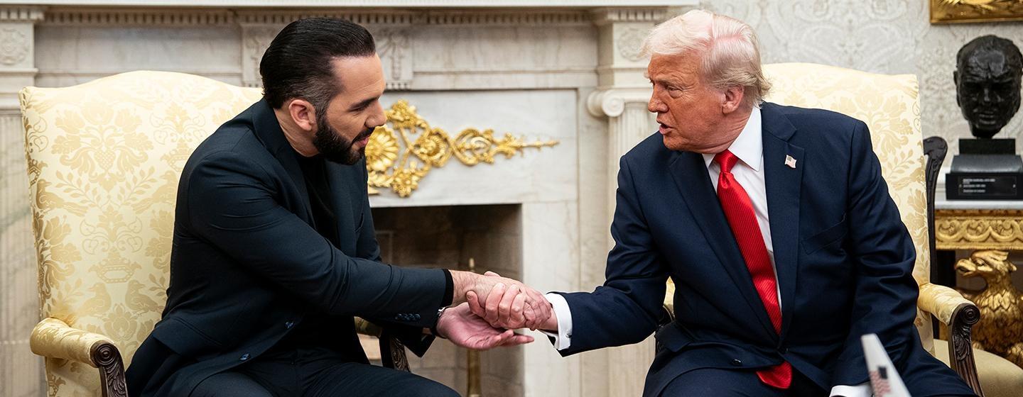 US President Donald Trump shakes hands with Nayib Bukele, El Salvador's president, during a meeting in the Oval Office of the White House in Washington, DC, US, on Monday, April 14, 2025. Credit: Al Drago for The Washington Post/Getty Images