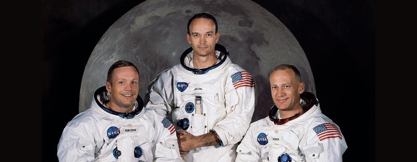 Left to right, Neil Armstrong, commander; Michael Collins, command module pilot; and Edwin E. Aldrin Jr., lunar module pilot. Credit: NASA, 1969