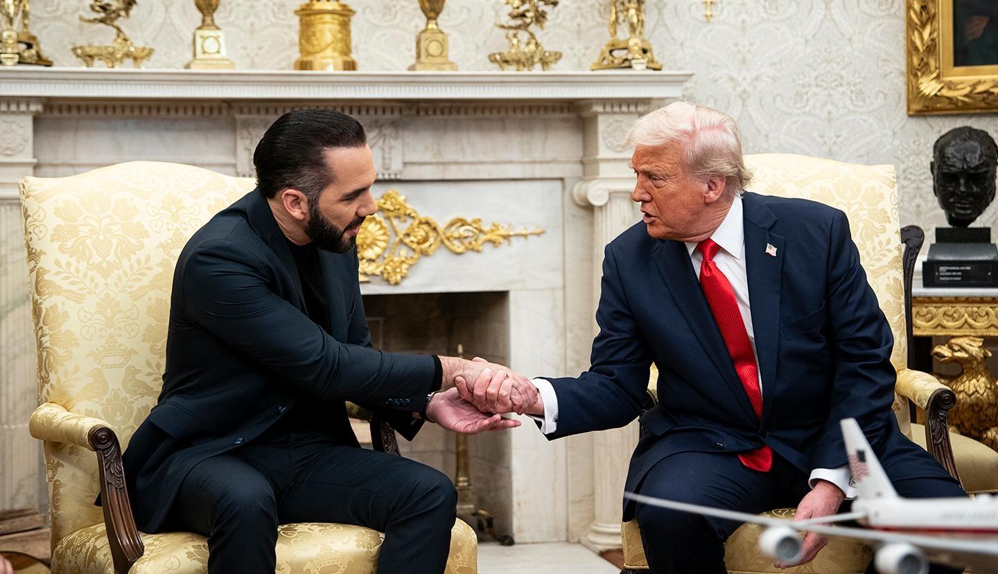 US President Donald Trump shakes hands with Nayib Bukele, El Salvador's president, during a meeting in the Oval Office of the White House in Washington, DC, US, on Monday, April 14, 2025. Credit: Al Drago for The Washington Post/Getty Images