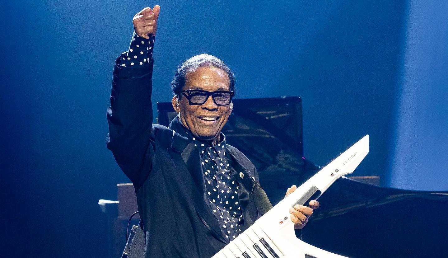 Herbie Hancock salutes the audience during his “Chameleon” solo at the International Jazz Day All-Star Global Concert in Abu Dhabi, U.A.E.