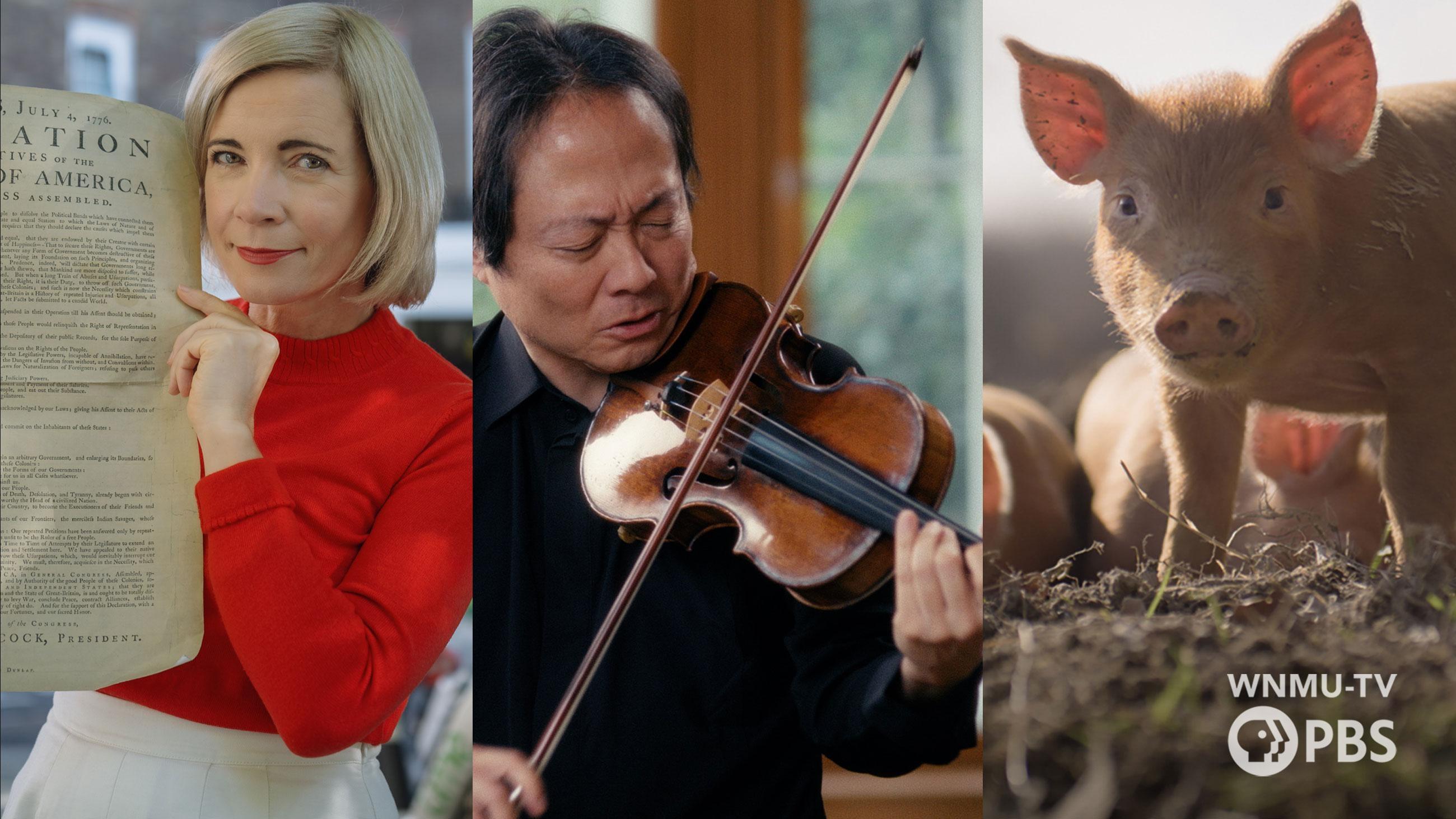3 images from programs featured in the link, including Lucy Worsley holding the Declaration of Independence from Lucy Worsley Investigates: The American Revolution;  Scott Yoo playing the violin from Great Performances | Now  Hear This; and a piglet in the sun from Wilding–an Earth Month special.