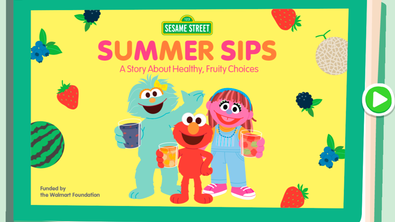 Summer Sips storybook cover featuring Elmo and his friends enjoying healthy drinks.