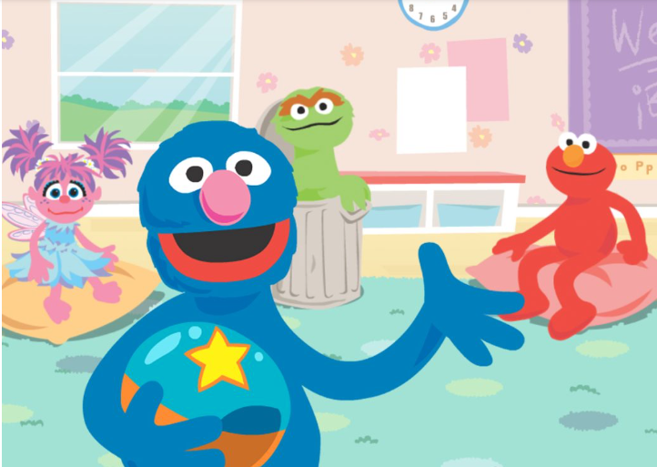 Grover, Elmo and friends playing a ball game together