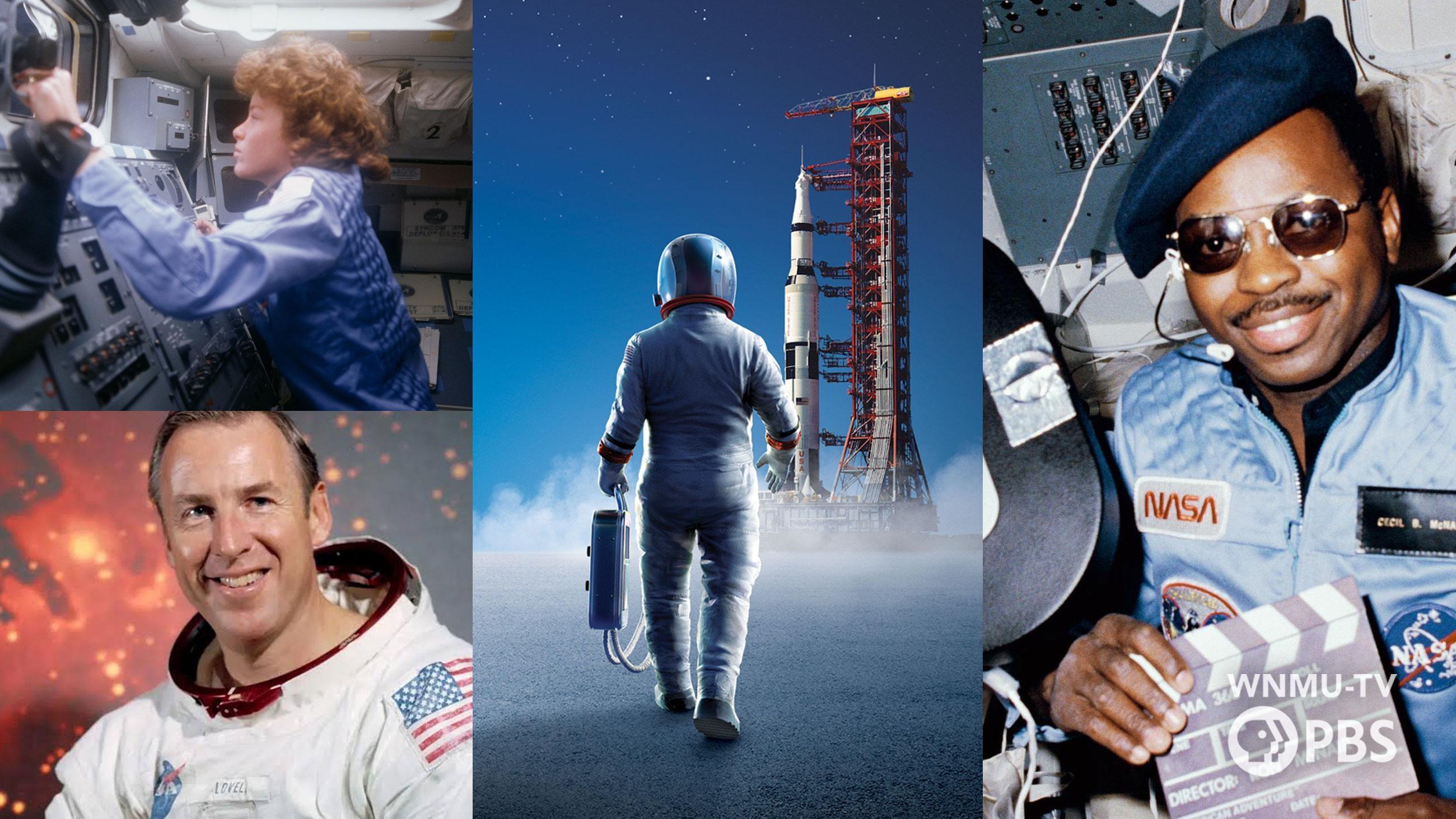 Scenes from space-themed programming airing this month including Anna Fisher on the NASA shuttle, Jim Lovell head shot, Ron McNair aboard the Challenger, and the back of an astronaut walking toward a shuttle launch 