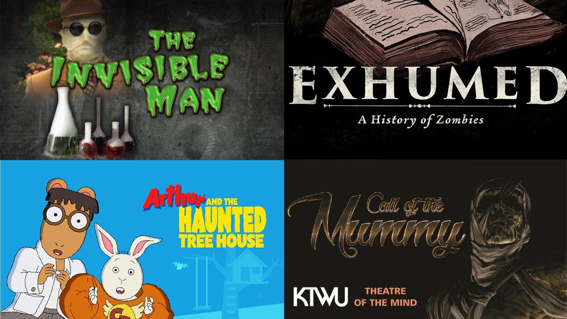 Halloween-themed WNMU-TV programming collage featuring The Invisible Man, Exhumed: A History of Zombies, Arthur and the Haunted Tree House, and Call of the Mummy: Theatre of the Mind.