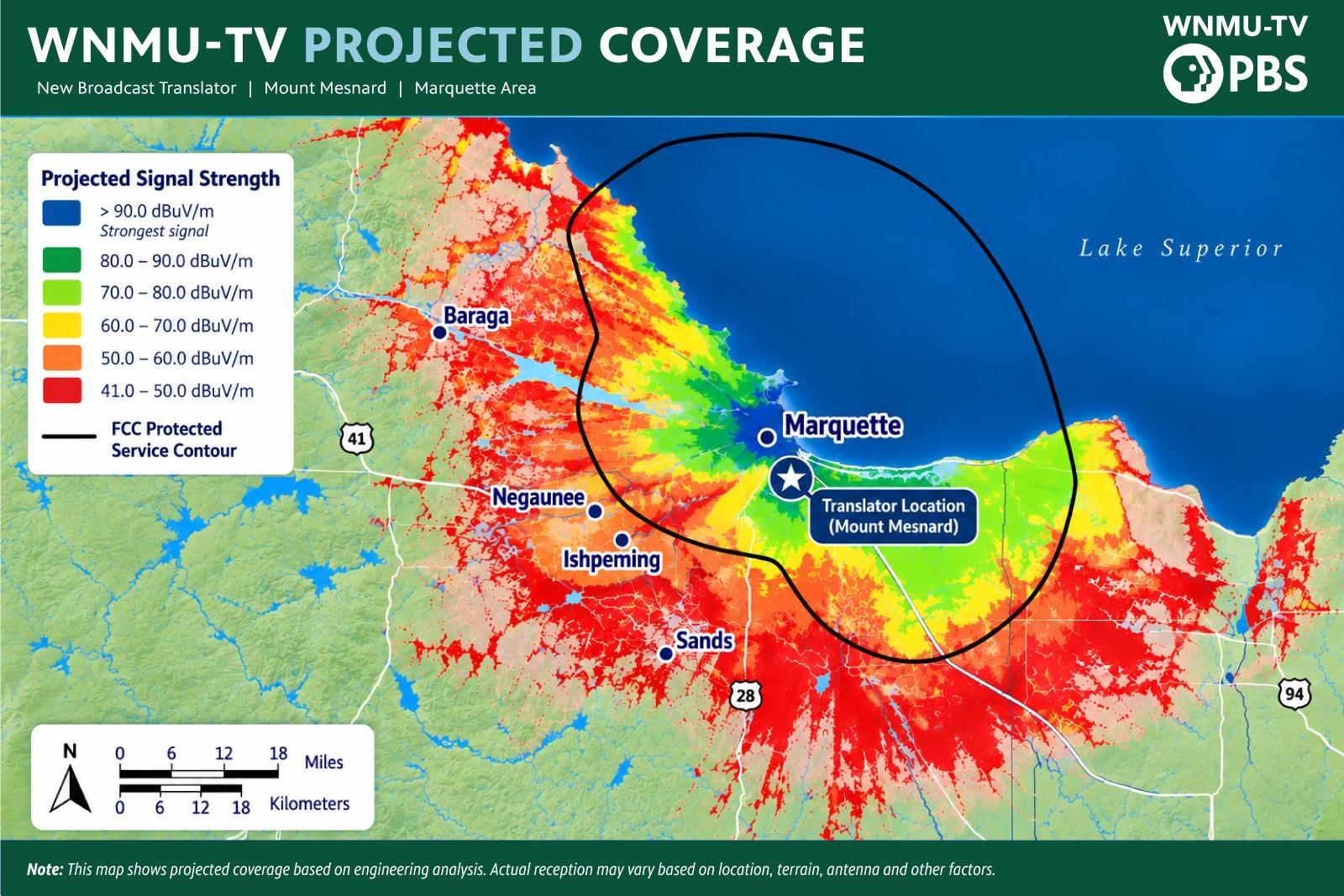 Projected WNMU-TV coverage map showing expanded broadcast signal from the new Mount Mesnard translator across the Marquette area.