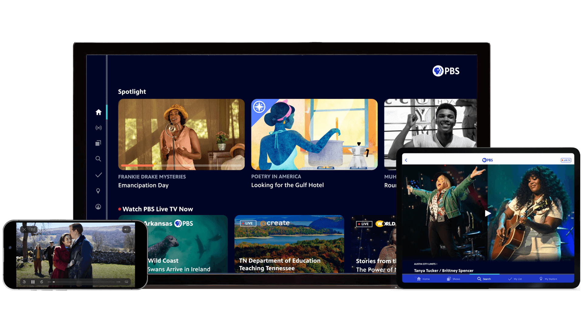 Stream Passport from any device, like you smartphone, tablet, or smart TV as pictured here
