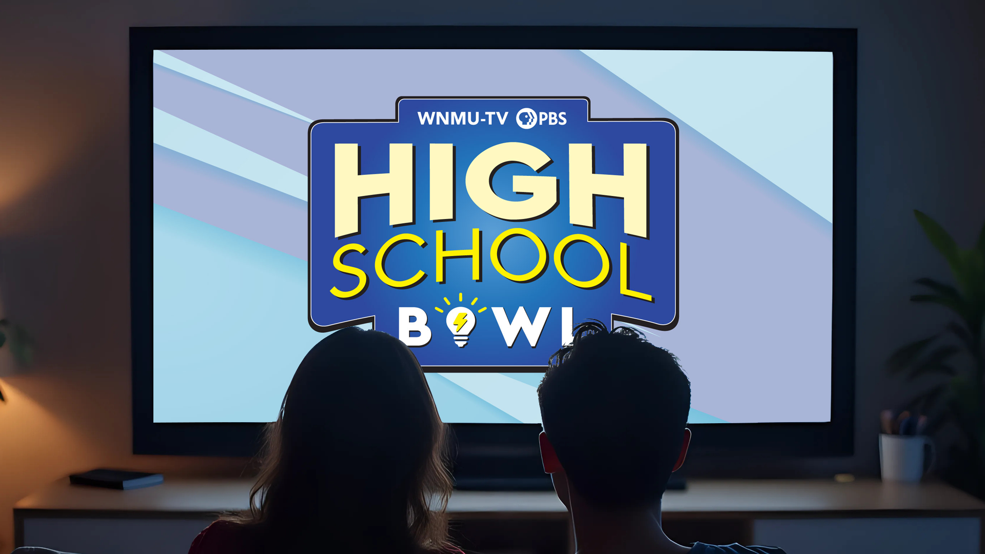 High School Bowl displayed on a TV screen with viewers in the foreground