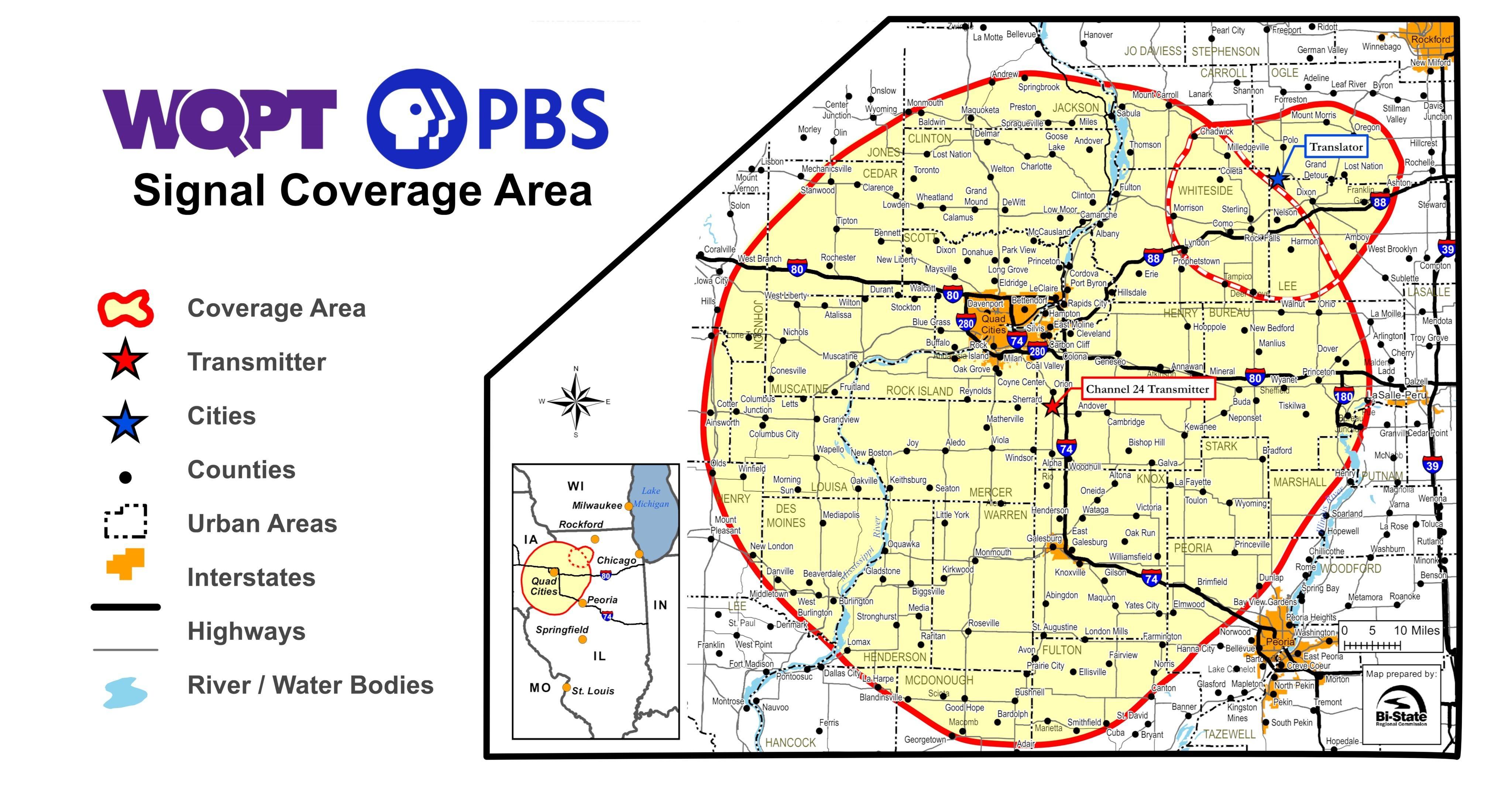 A line map of the Quad Cities region showing the signal coverage area of WQPT PBS