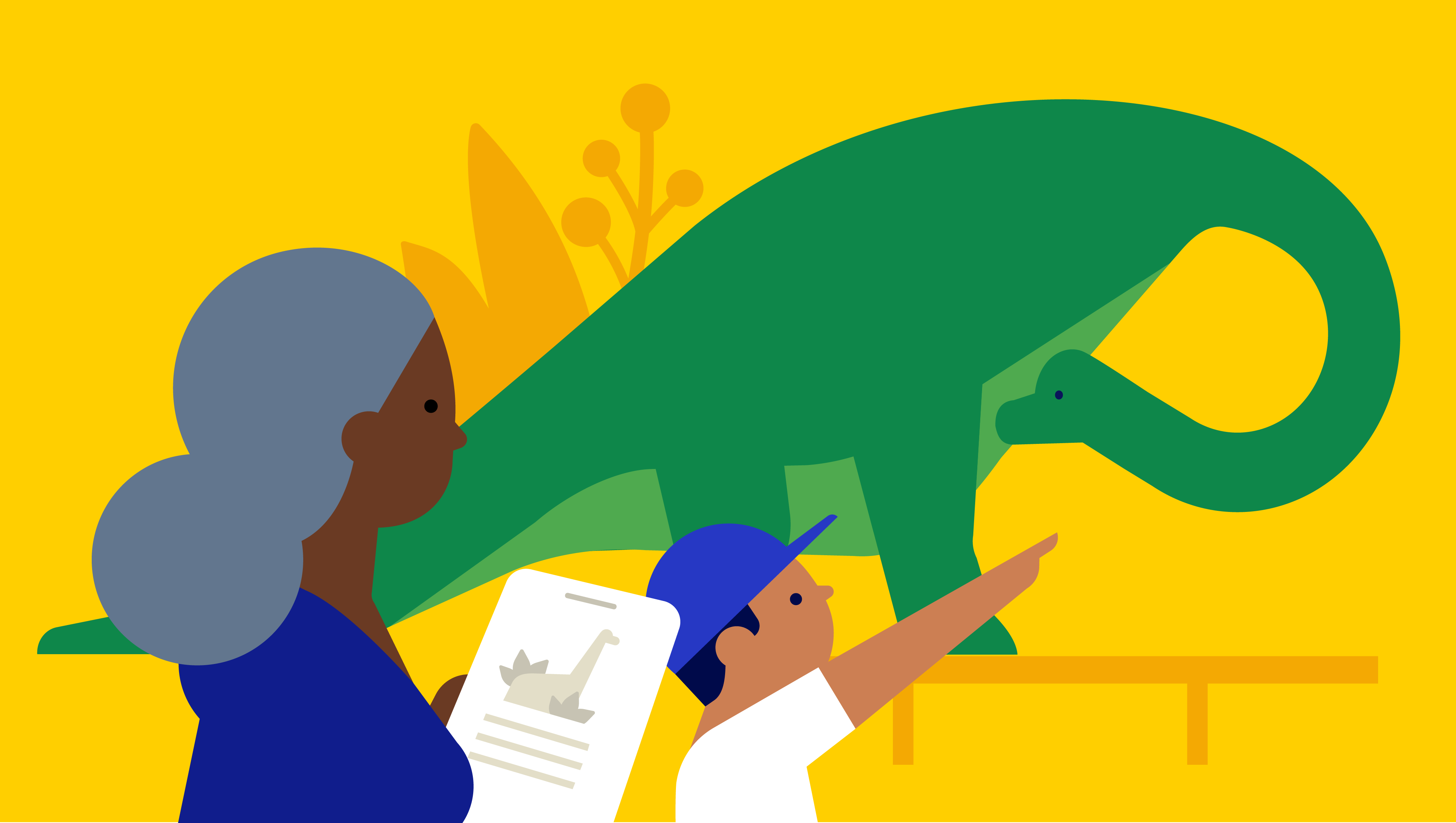 A graphic of a child wearing a blue baseball cap and a white t-shirt points at a dinosaur in a museum display against a yellow background as an adult with gray long hair wearing blue looks on