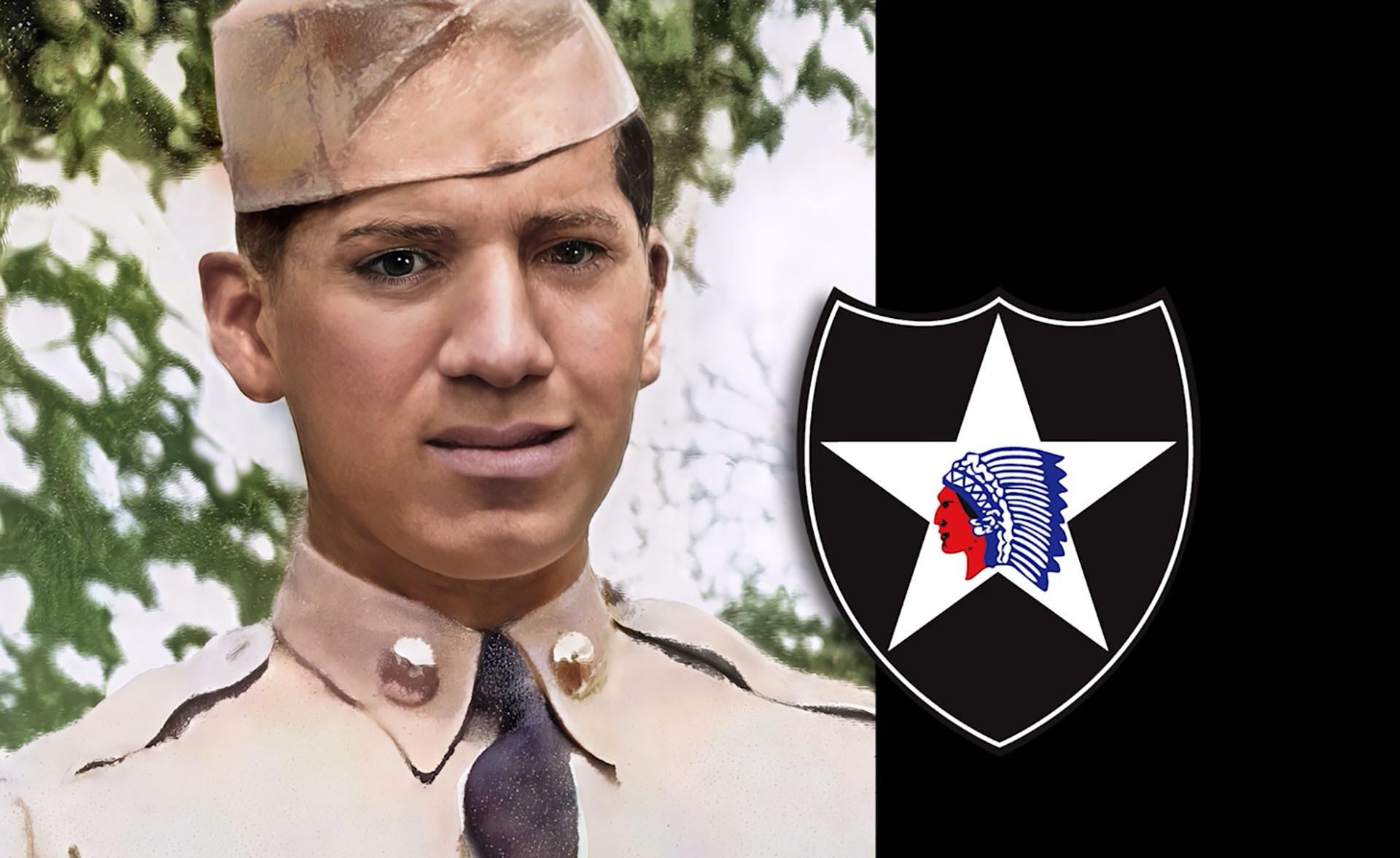 John Muños in uniform with an inset graphic of a patch
