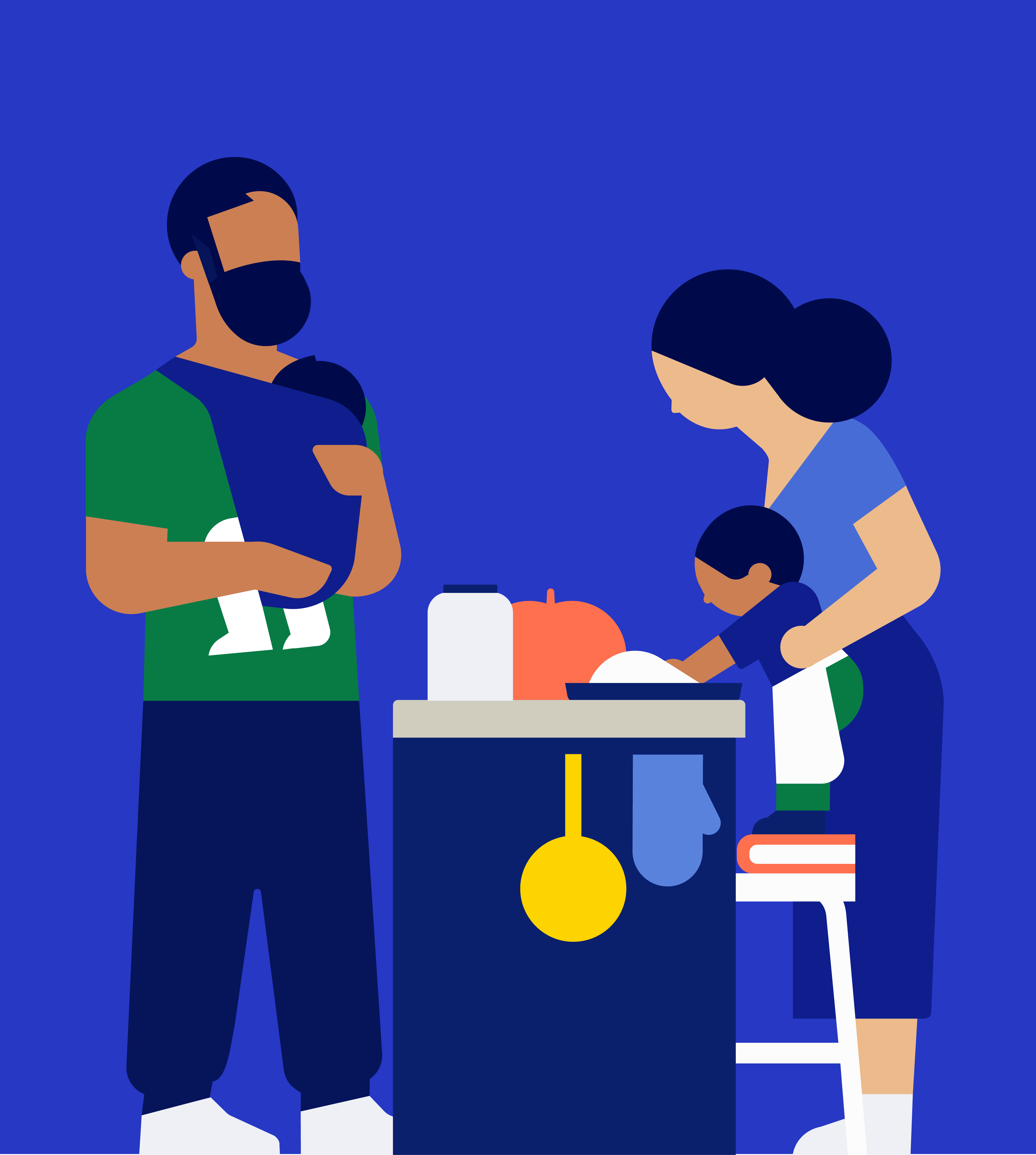 Two parents stand in a kitchen, a bearded adult wearing a green T-shirt holding a baby in a carrier and a long-haired adult wearing a light blue T-shirt helping a toddler sitting in a high chair at a counter
