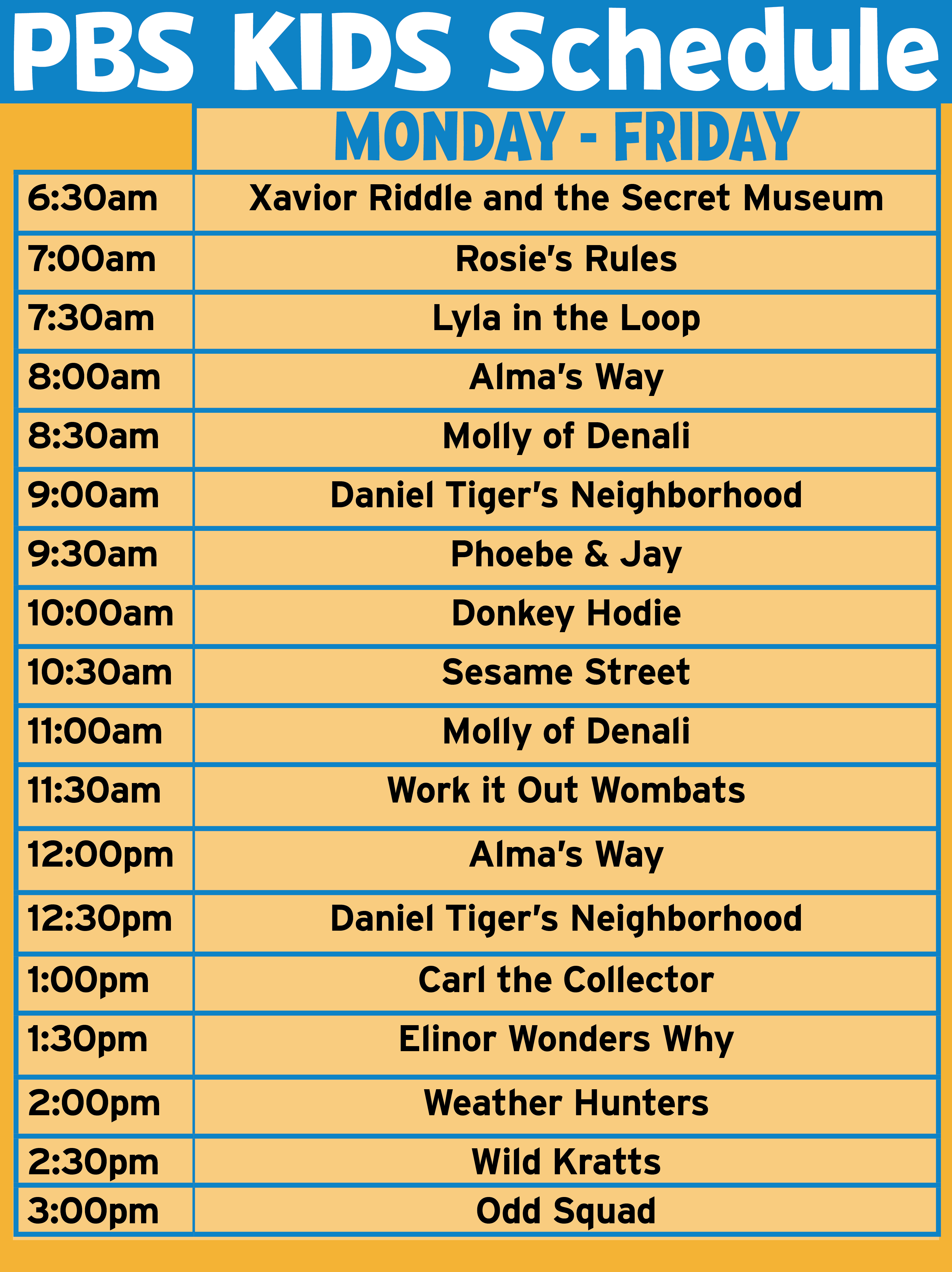 PBS KIDS Schedule Monday-Friday