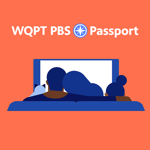 WQPT PBS Passport logo against a coral-colored background with a blue and white graphic of a family watching TV from the couch
