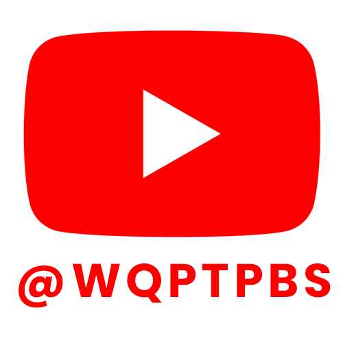 The red YouTube play button against a white background above the text @WQPTPBS in red