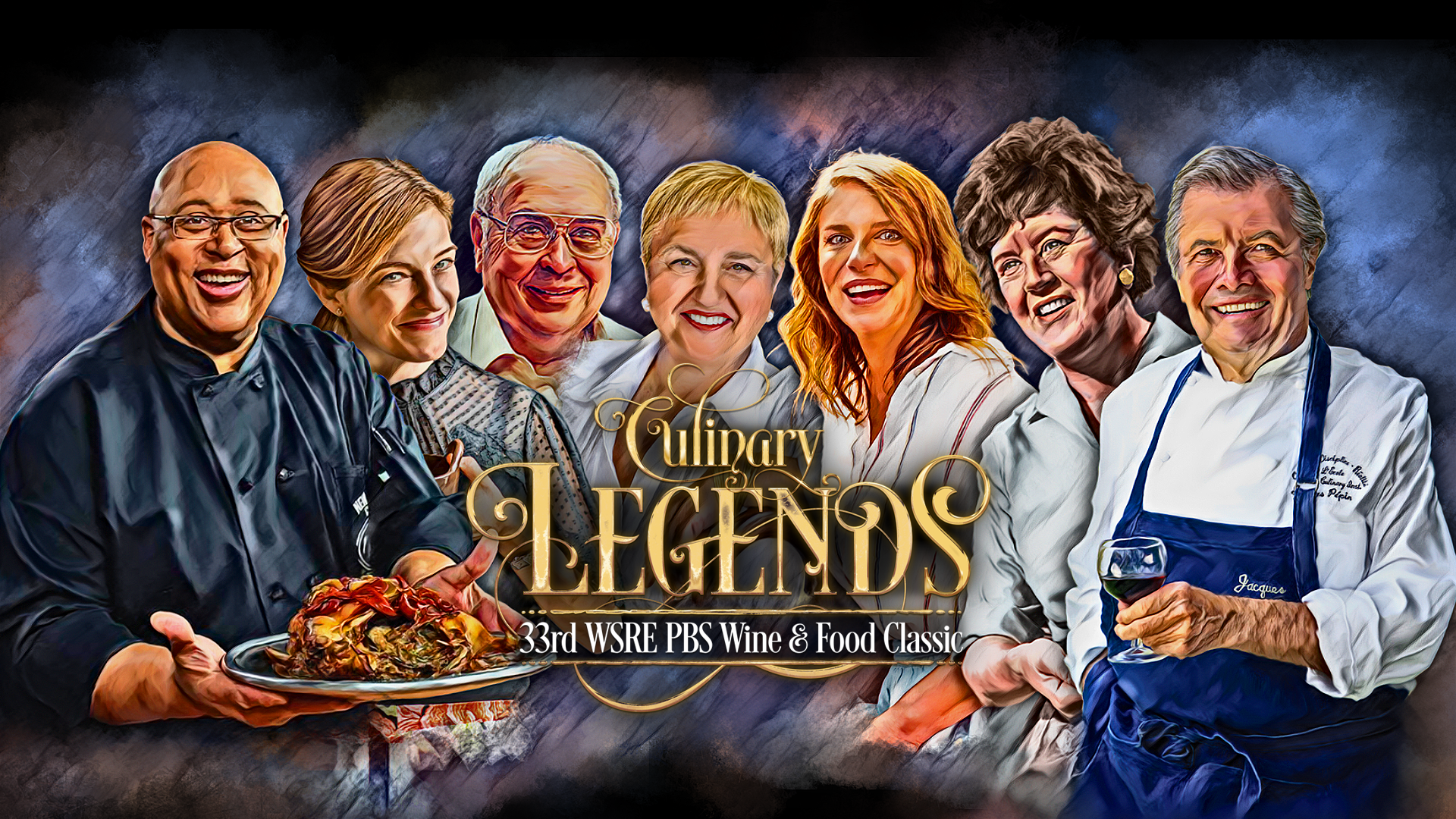 33rd WSRE PBS Wine & Food Classic Culinary Legends logo on top of 7 legendary PBS food program hosts.