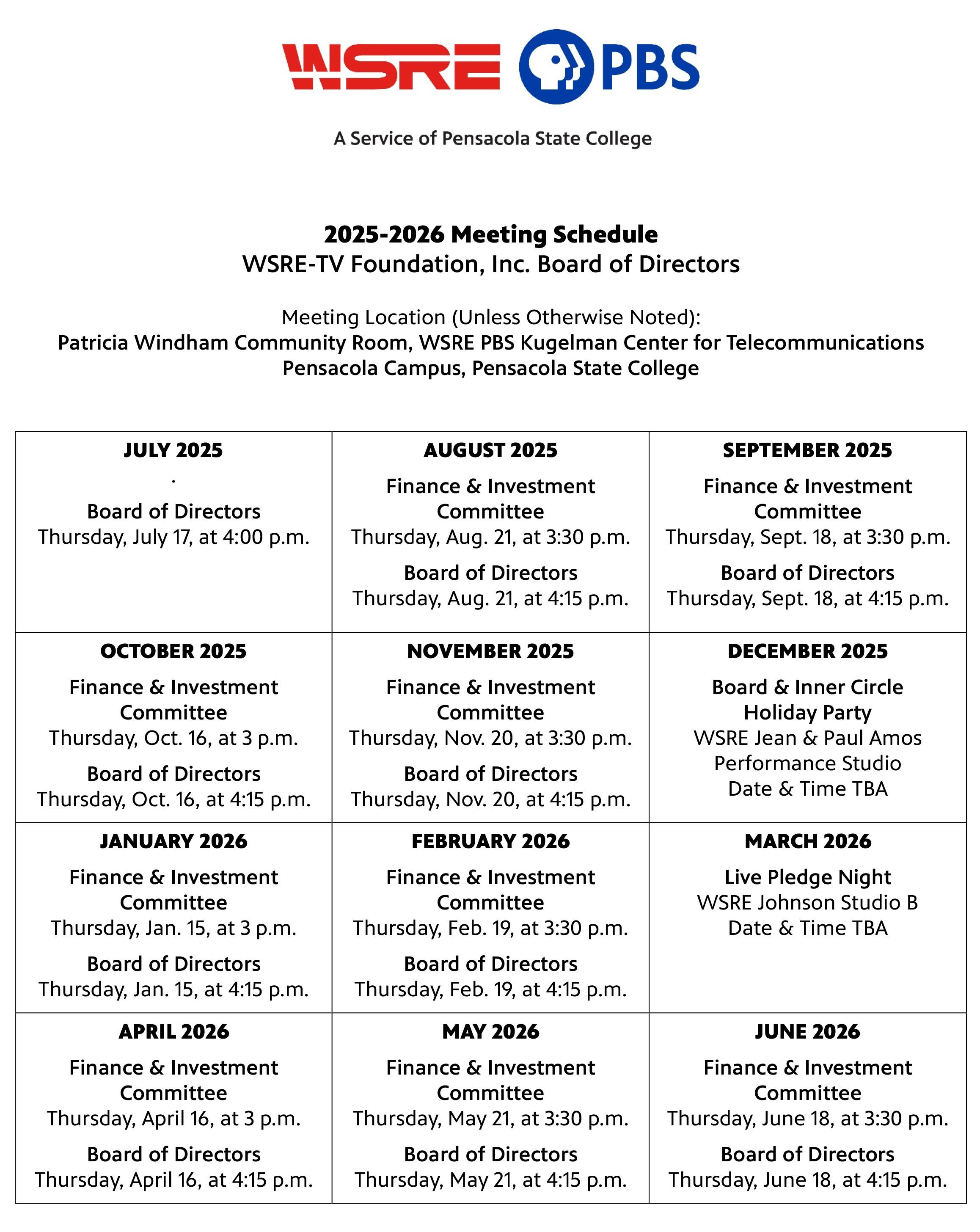 WSRE PBS Foundation 2025-2026 Meeting Schedule