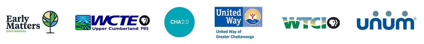 Logos for Early Matters, WCTE, Chattanooga 2.0, United Way of Greater Chattanooga, WTCI, and Unum