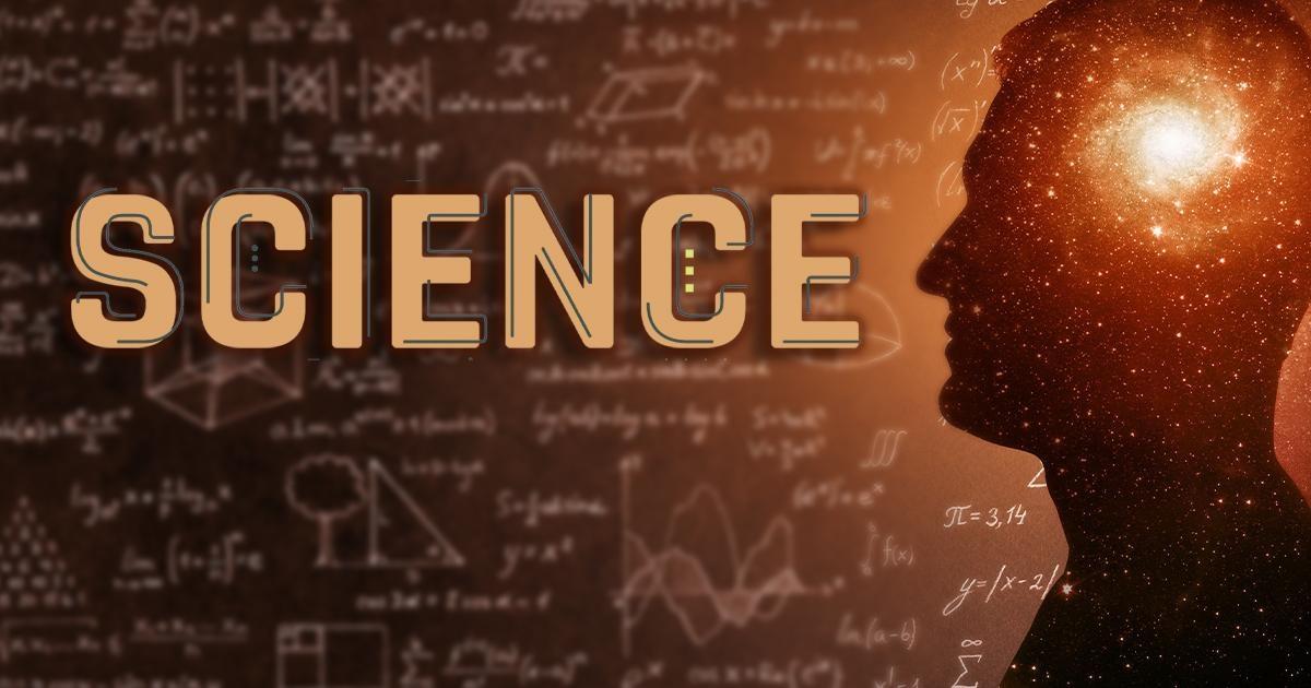 Large text reading “SCIENCE” appears over a background of mathematical formulas and diagrams, beside a human silhouette filled with stars and a glowing spiral galaxy in the head.